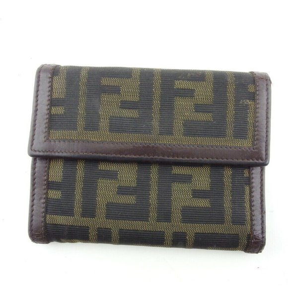 FENDI Three Folded Wallet Zucca Beige Canvas ~ Leather Authentic Used - Picture 1 of 10